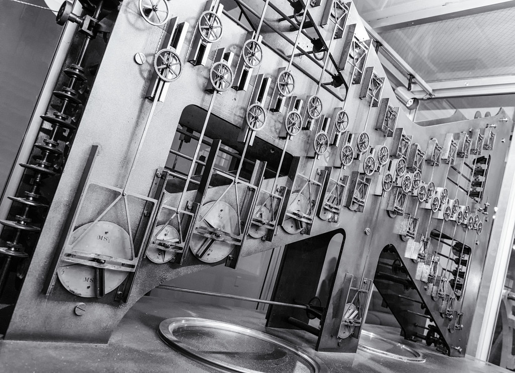 The brass gears and dials of Tide Predicting Machine No. 2, a mechanical analog computer nicknamed "Old Brass Brains"