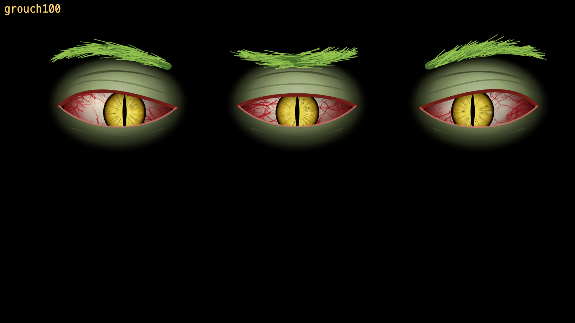 The same three eyes, heavy-lidded and squinting.