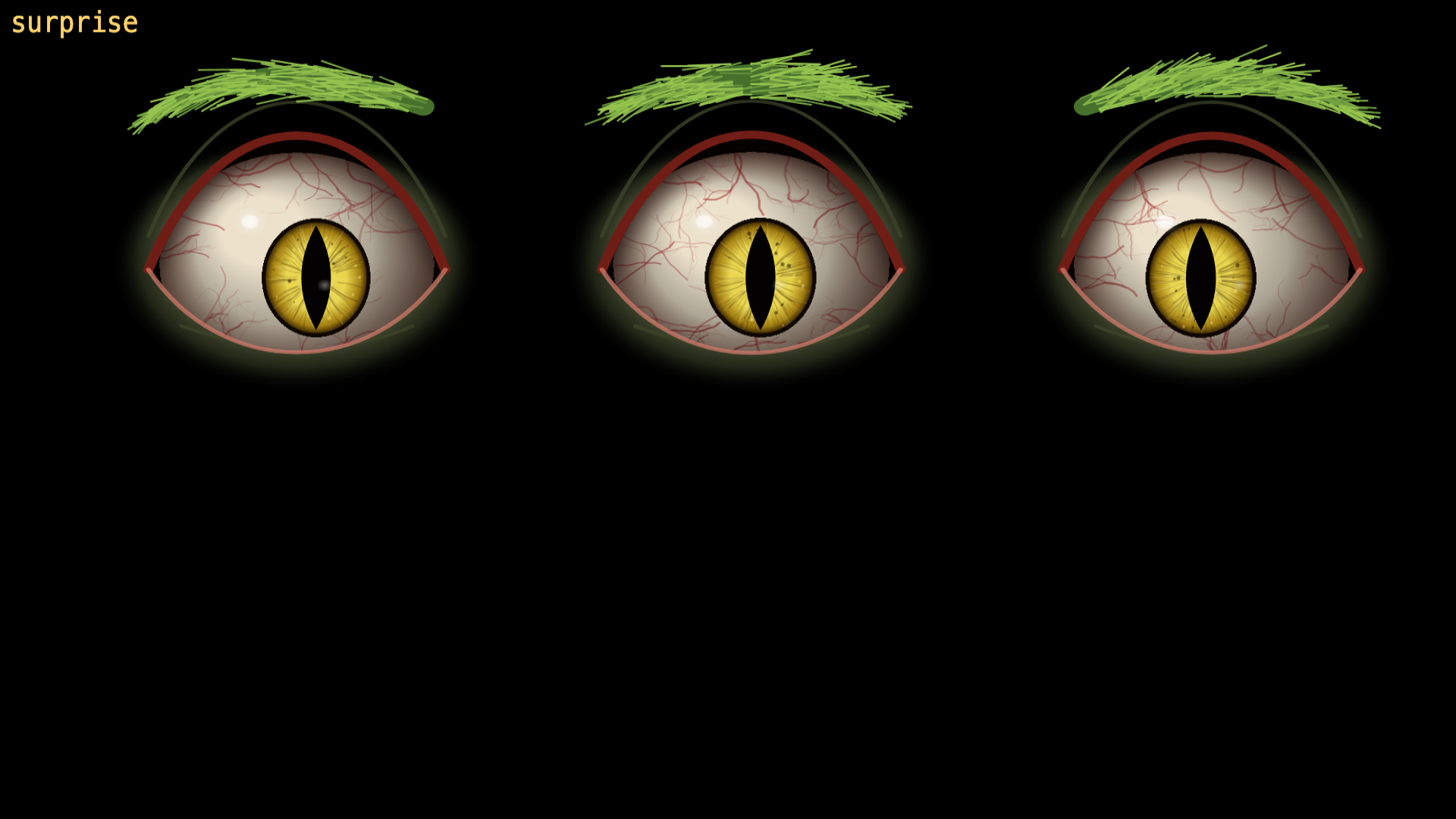 The three eyes flung wide open under raised brows.