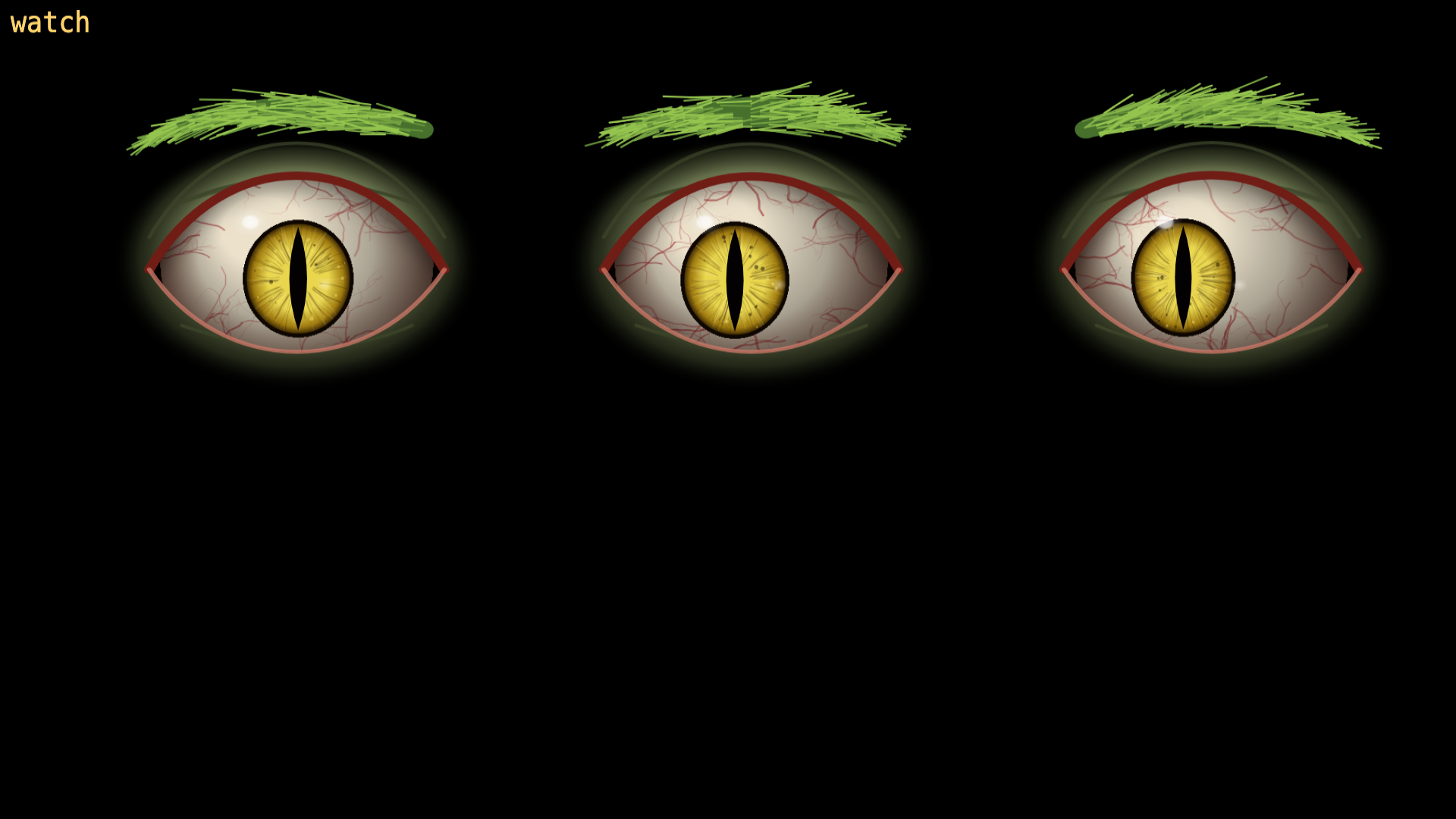 Three large bloodshot eyes with slit pupils, rendered dark against a night background, all three open and looking toward the lower left.